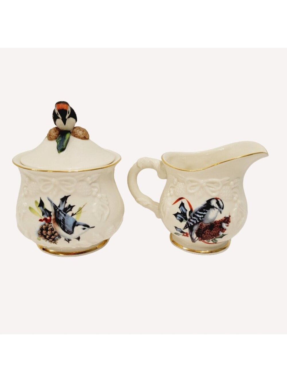 Vtg Lenox Winter Creamer Sugar Bowl Bird Lid Catherine McClung Gold Trim Elegant